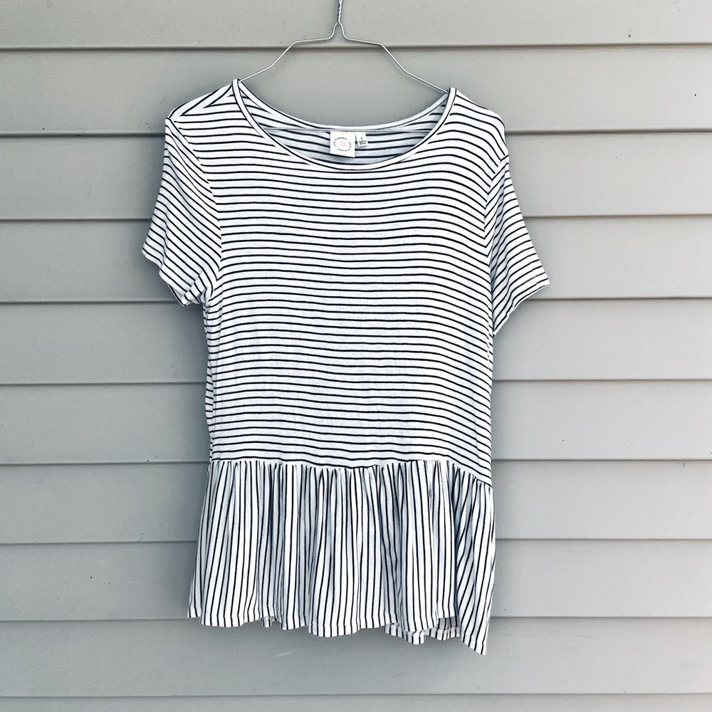 Striped Peplum Top Small Neutral S Shirt Sleeve Blouse Shirt